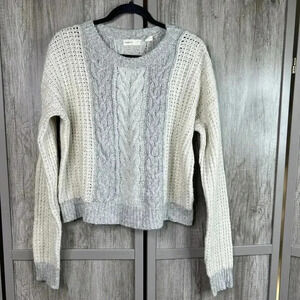 Sleeping On Snow Sweater Medium Cable Knit Elbow Patch Cream and Gray M